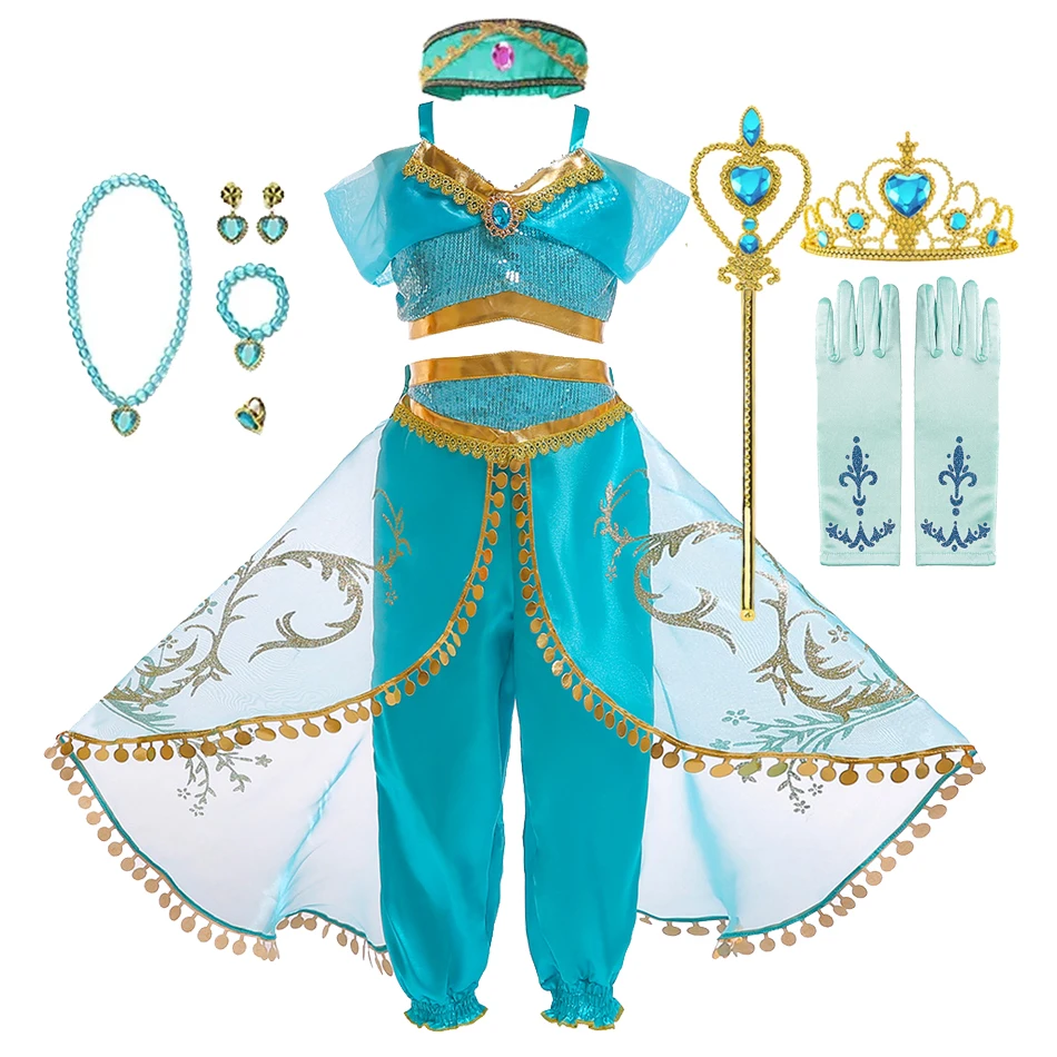 Robe de Princesse Jasmine Aladdin pour Fille, Costume Cosplay, Lampe Magique, Vêtements de ixde Carnaval, Tenue Éducative d'Halloween