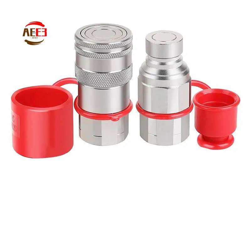 AEE3-1/2Inch NPT Hydraulic Coupler Skid Steer Bobcat Flat Face Quick Connect Couplings + 2PCS Dust Cap Silver Carbon Steel