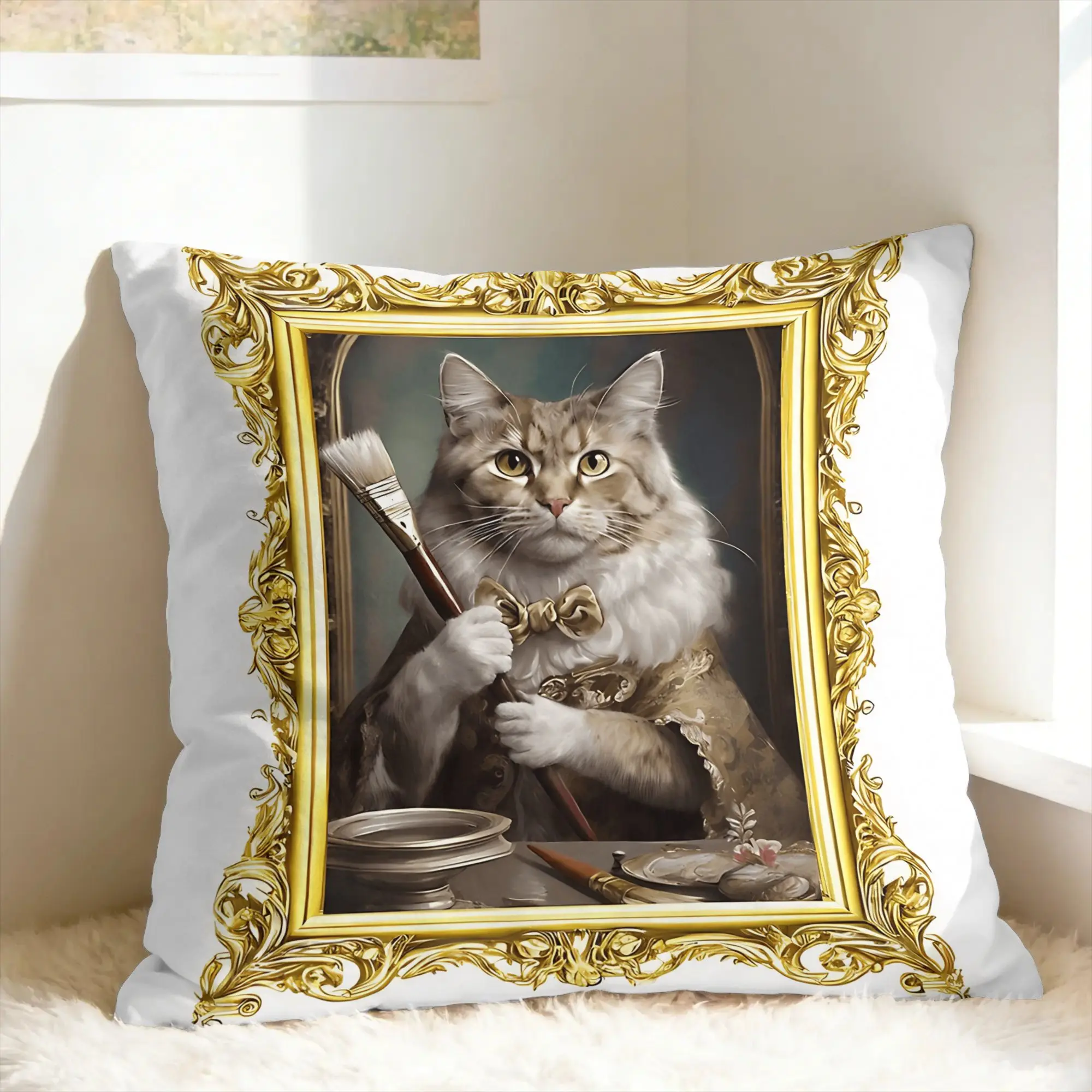 Cute Caroon Cat Portrait Photo Frame Art Pillowcases  Retro Trendy Pillow Case For Sofa Home Decor Soft Pillow Cover
