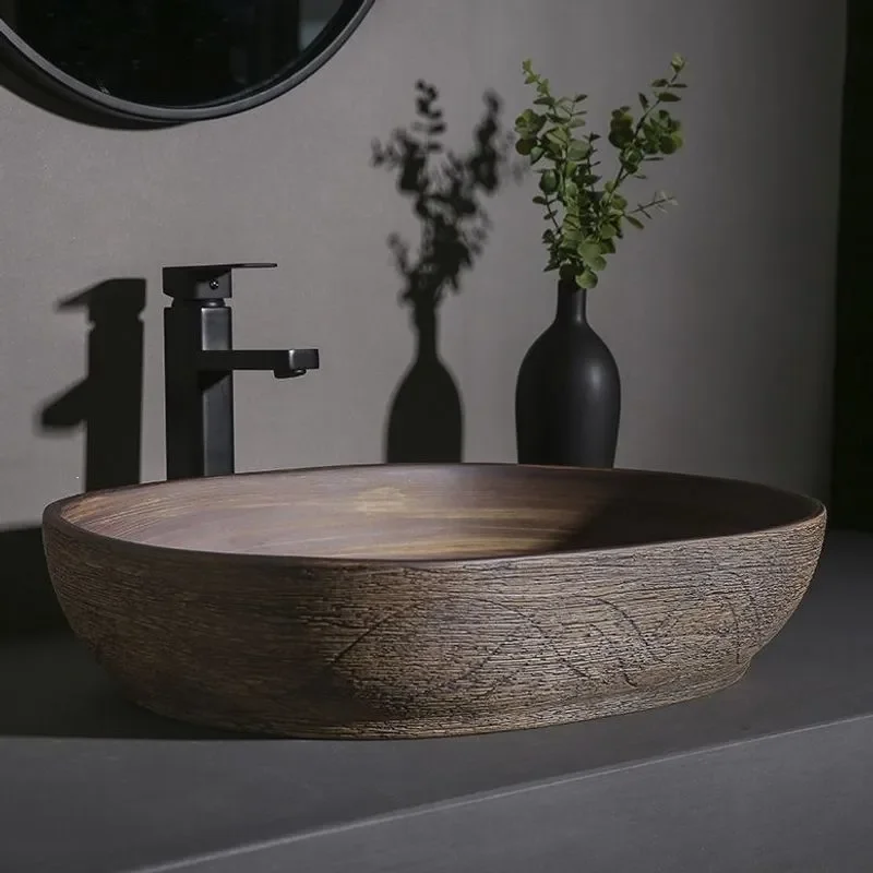 Retro Countertop Basin for Outdoor Garden Art Bathroom Ceramic Wash Basin for Balcony Household