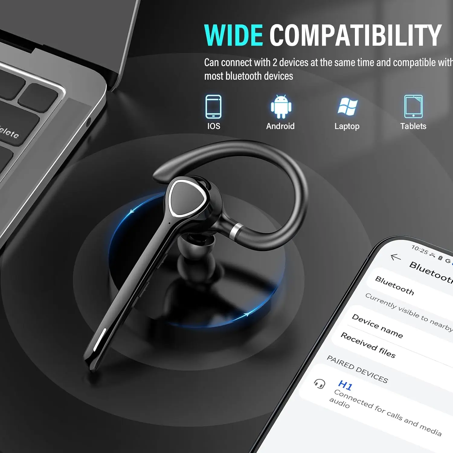 Bluetooth Headset with APTX HD, CVC 8.0/ENC Dual Mic, Mute Button, Dual Connection, 90H Playtime, Single-Ear for Trucker Business - view 2