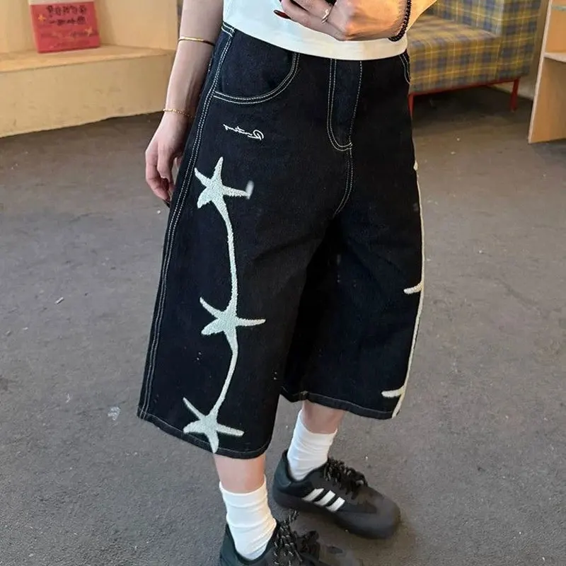

Fashion Flocking Star Wide Leg Capri Pants Female Clothing Denim Pants Summer New Embroidery Casual Loose American Vintage Jeans