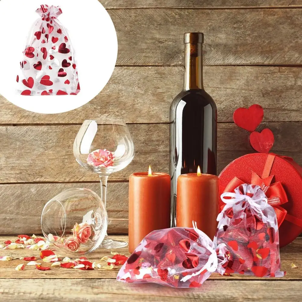 

20pcs Drawstring Valentine's Day Gift Bag Organza Love Heart Mesh Candy Pouches Mini Reuse Bronzing Gift Bag Wedding