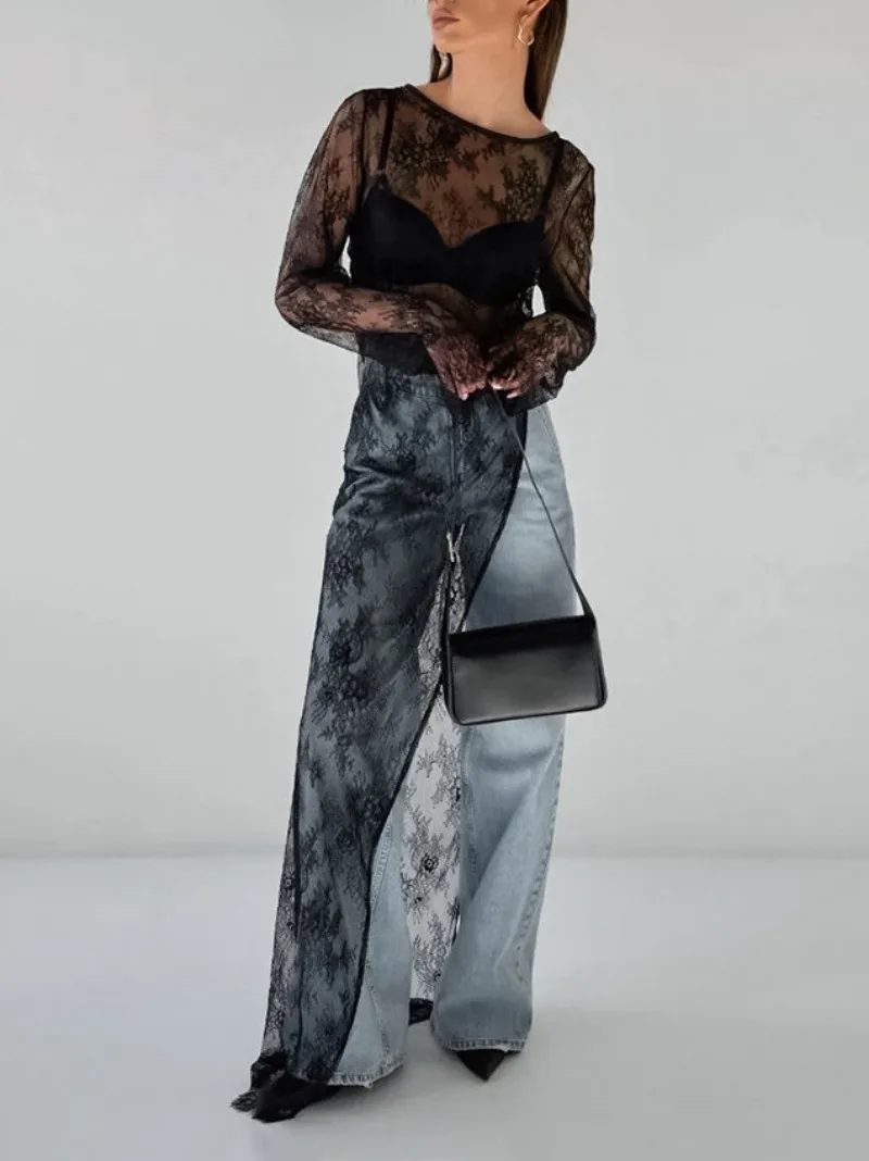 Robe longue en dentelle transparente noire pour femmes, Sexy, col rond, manches longues, ajouré, fente haute, T-shirt irrégulier, 2024