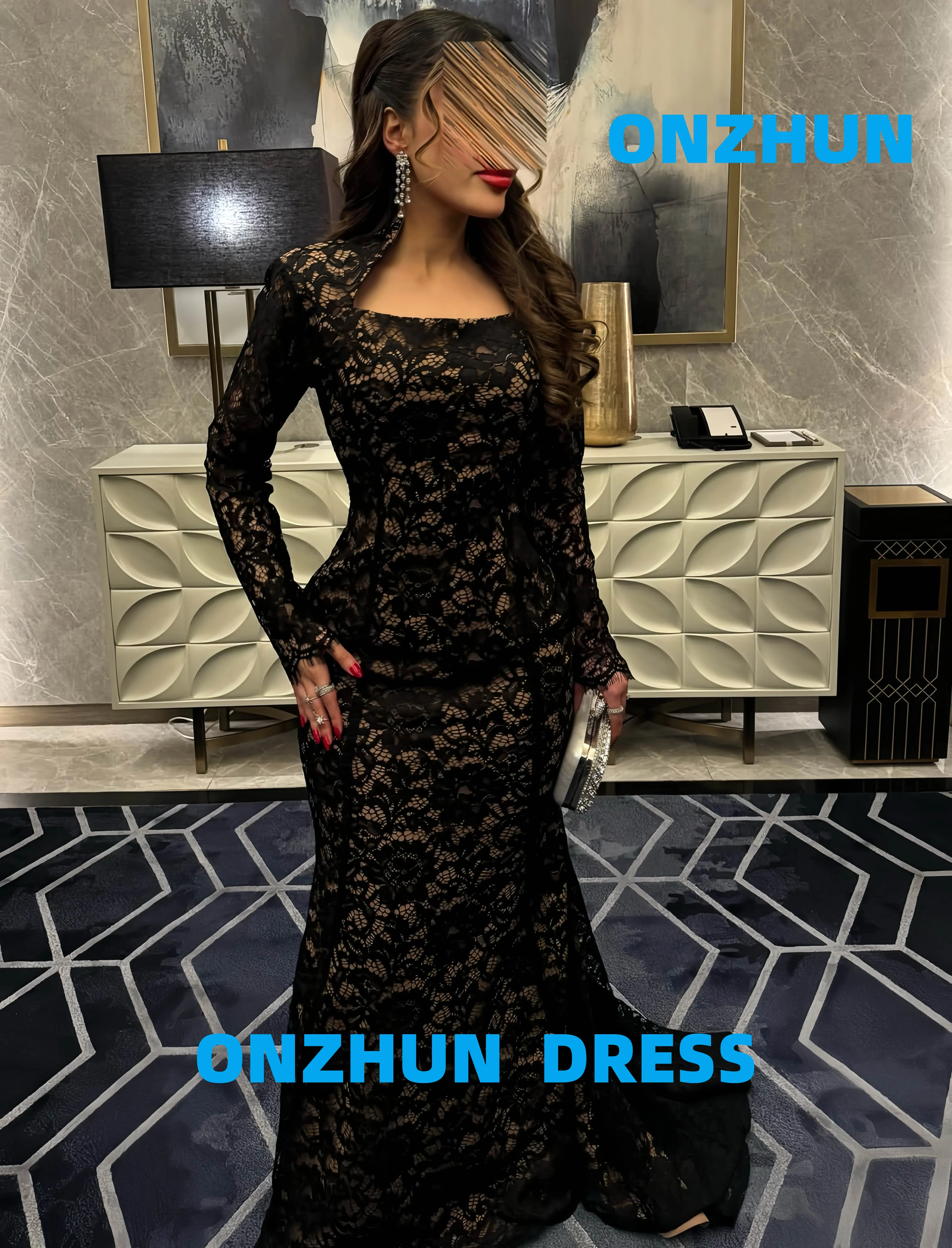 فساتين سهرة فاخرة أنيقة بياقة مربعة وأكمام طويلة من الدانتيل على شكل حورية البحر فستان سهرة للنساء فساتين سهرة عصرية