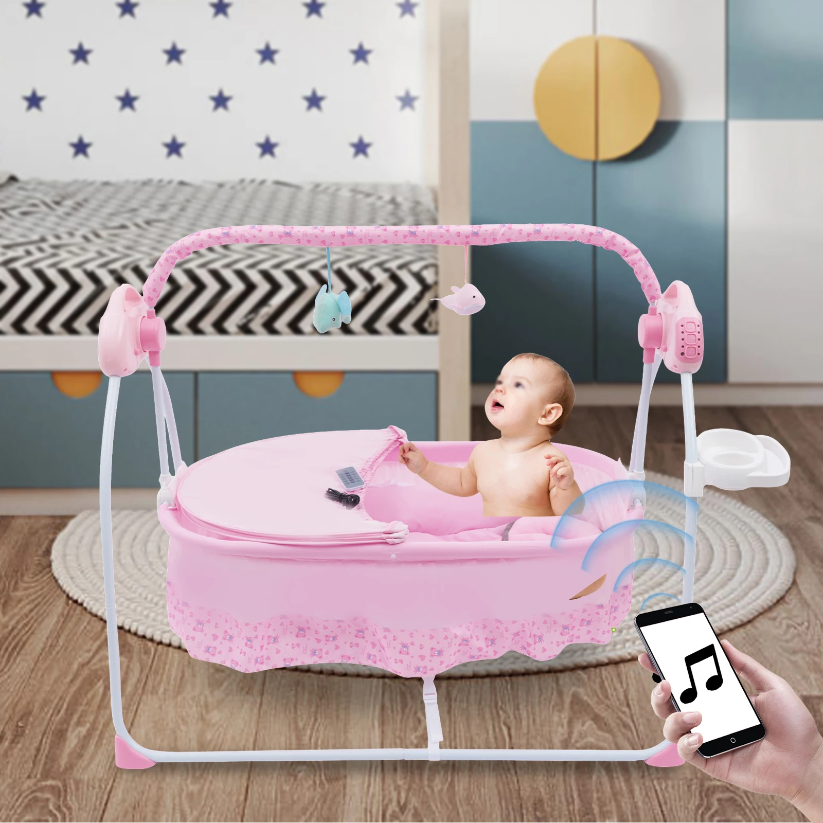 Electric Baby Bluetooth Cradle Swing Sleeping Basket Newborn Bassinet Foldable Pink/blue/khaki