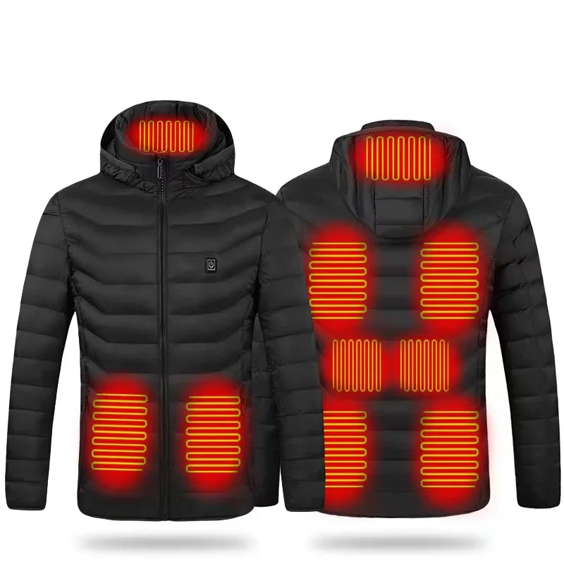 Chaqueta de calefacción eléctrica para hombres, control dual, nueve zonas, interruptor de alimentación USB, chaqueta con capucha de algodón cálida inteligente, gran oferta