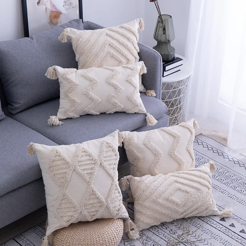 

New Boho Cushion with Tufted Luxury Mediterranean Pillowcase Beige Bohemian Geometric Pillow Cover for Sofa Couch Home Decor