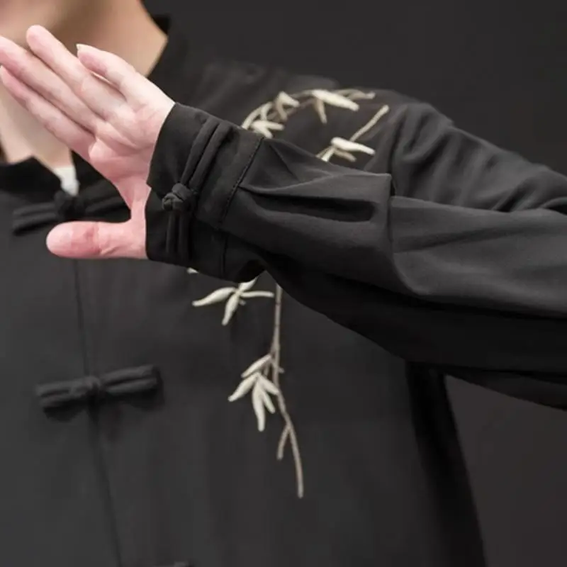 Chinese Style Bamboo Embroidery Stand Collar Button Down Long Sleeve Shirt Vintage Tang Dynasty Inspired Autumn Winter Top 5XL