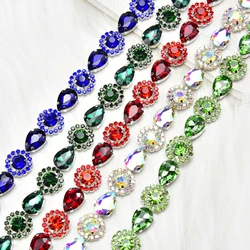 1 Yard Red Green Royal Blue Teardrop Crystal Trim Applique Round Flower Rhinestone Chain Decorative Dress Clothing Accessories