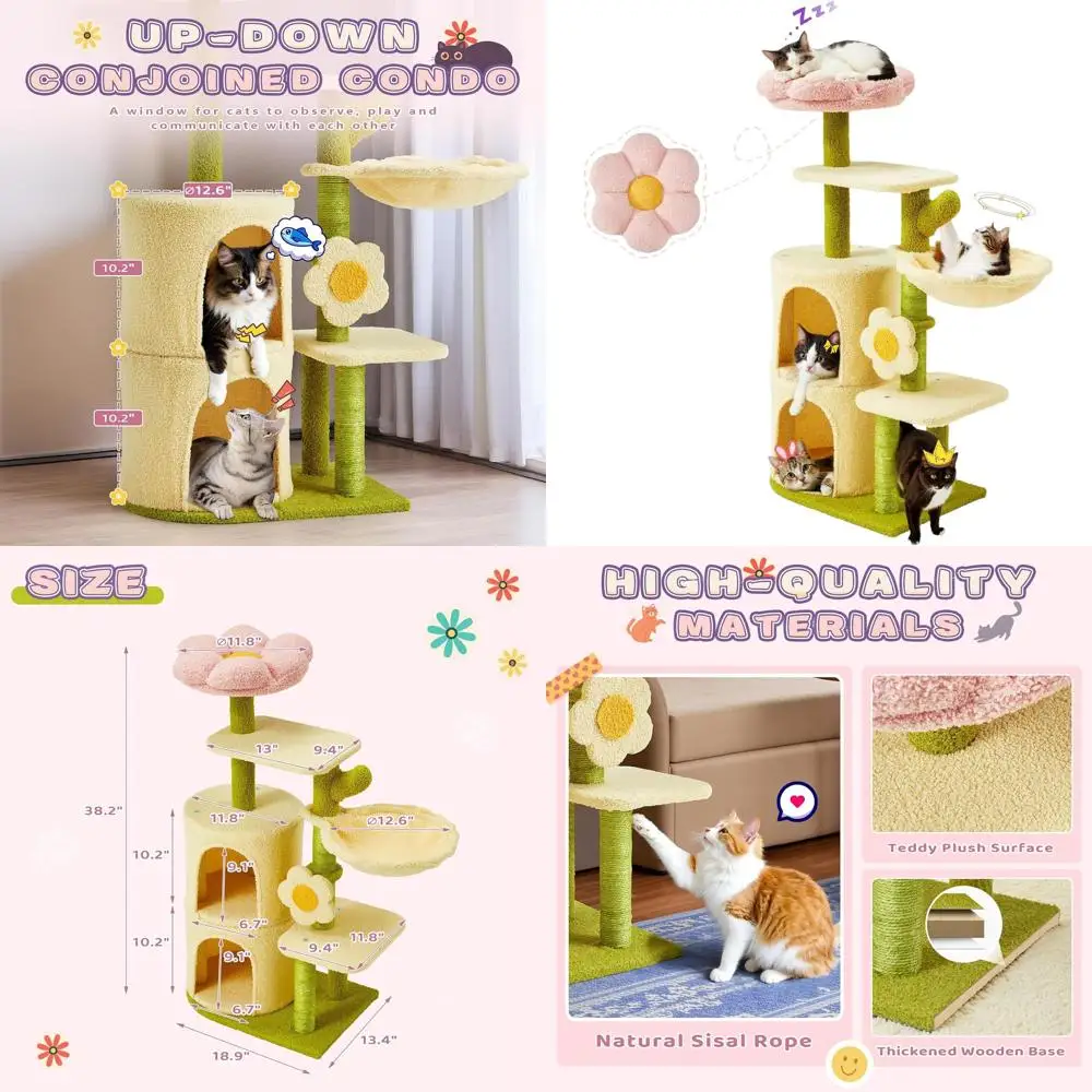 

38.2 Multi-Level Cat Tower with Flower Top, Cozy Condos, Hammock, and Scratching Post