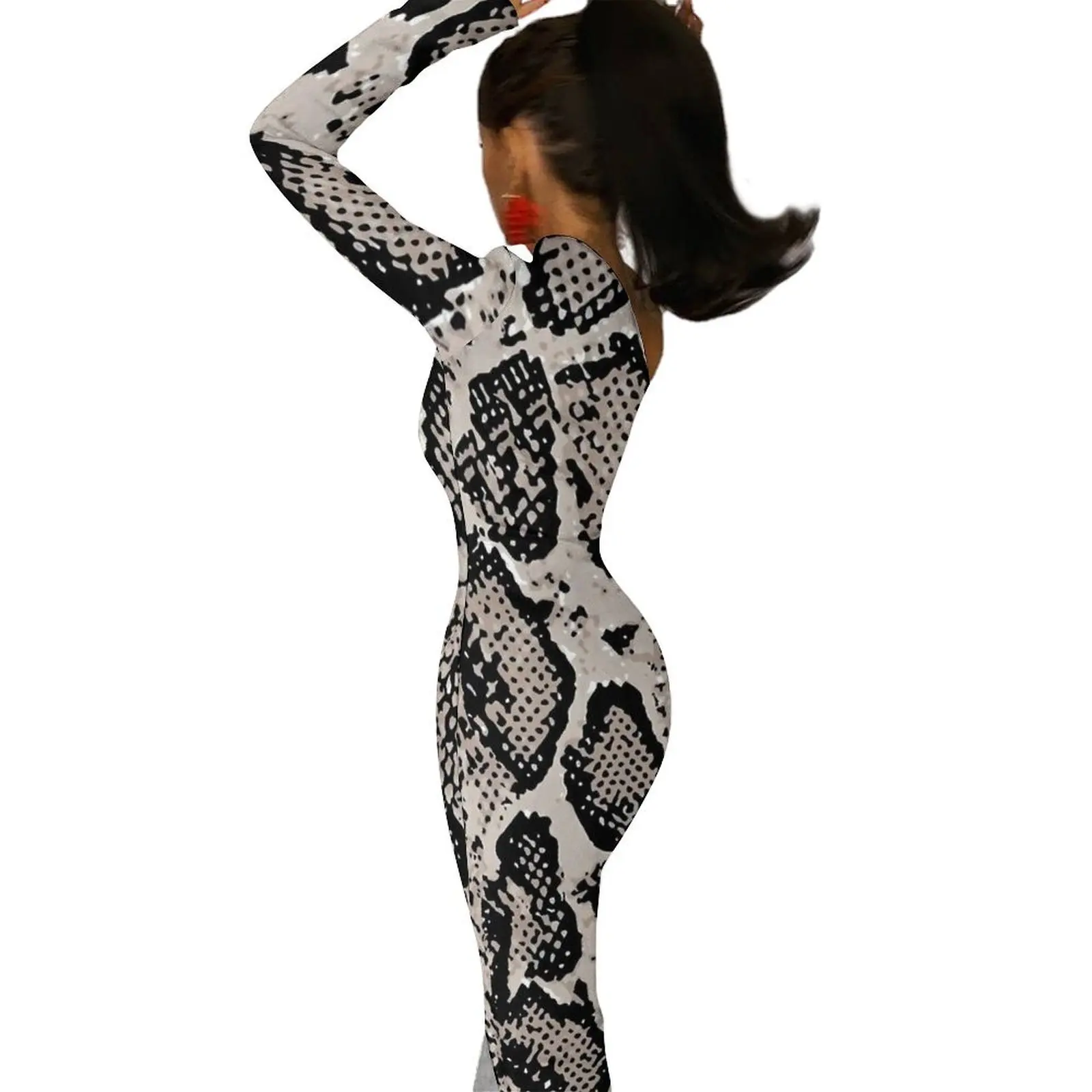 بيثون جلد الثعبان Bodycon فستان الربيع الرجعية طباعة Kawaii عالية الشق فساتين طويلة كم طويل فستان حفلة مخصصة