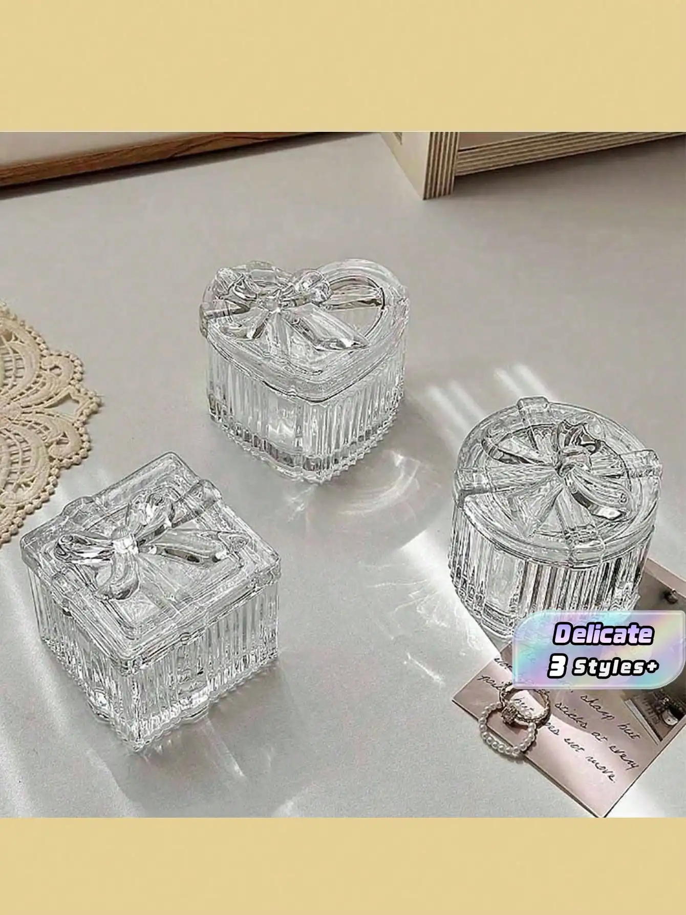 

1pc Crystal Glass Jewelry Box With Bow-Knot Lid, Transparent & Delicate Multi-Function Small Storage Box, Suitable For Jewelry Organizer On Vanity, Decor In Living Room & Bedroom, Perfect Gift Sun Travel Cool Back To School