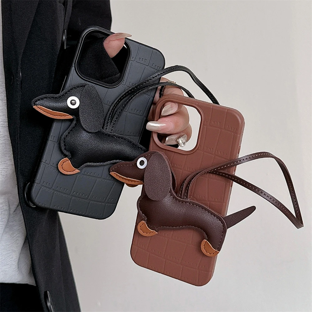 Fashion Cute Dachshund Lanyard Solid Color Leather Pattern Phone Case For iPhone 15 14 13 16 12 Pro Max 14 15 Plus 11 Back Cover