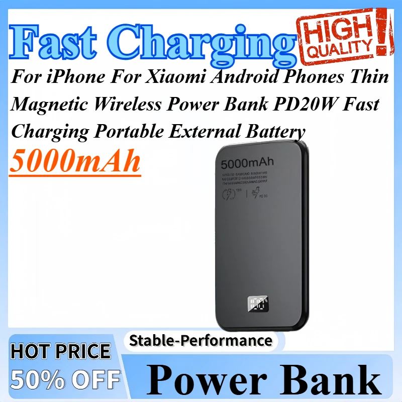 

5000mAh Thin Magnetic Wireless Power Bank PD20W Fast Charging Portable External Battery For iPhone For Xiaomi Android Phones