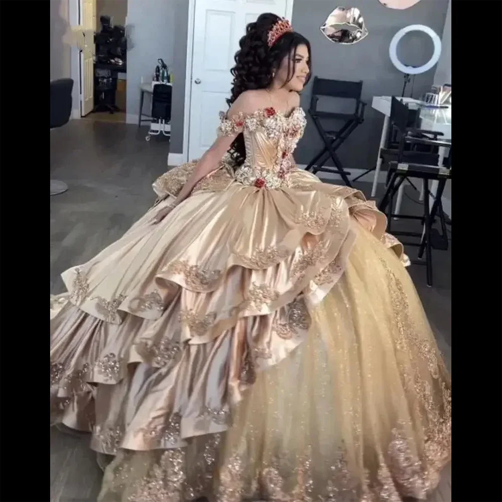 

Винтажное платье Quinceanera цвета шампанского с открытыми плечами, элегантное атласное бальное платье цвета шампанского на заказ, Vestidos De 15 лет, Sweet 16