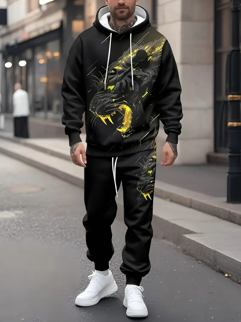 Trendy Men's 3D Animal Tiger Print Hoodies 2-Piece Set Fashion Men Women Tracksuit Outfits Outdoor Sports Sweatshirts Pants Suit - Image 3