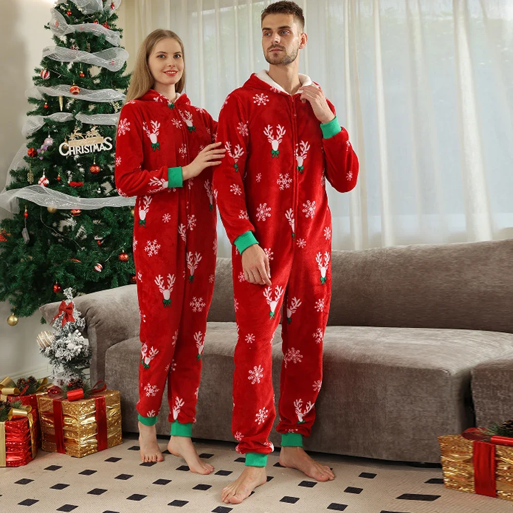 Xmas Look Fleece Flannel Christmas Pajamas Set Women Men Zipper Hooded Jumpsuit Romper Loose Soft Sleepwear Luxury Matching Sets