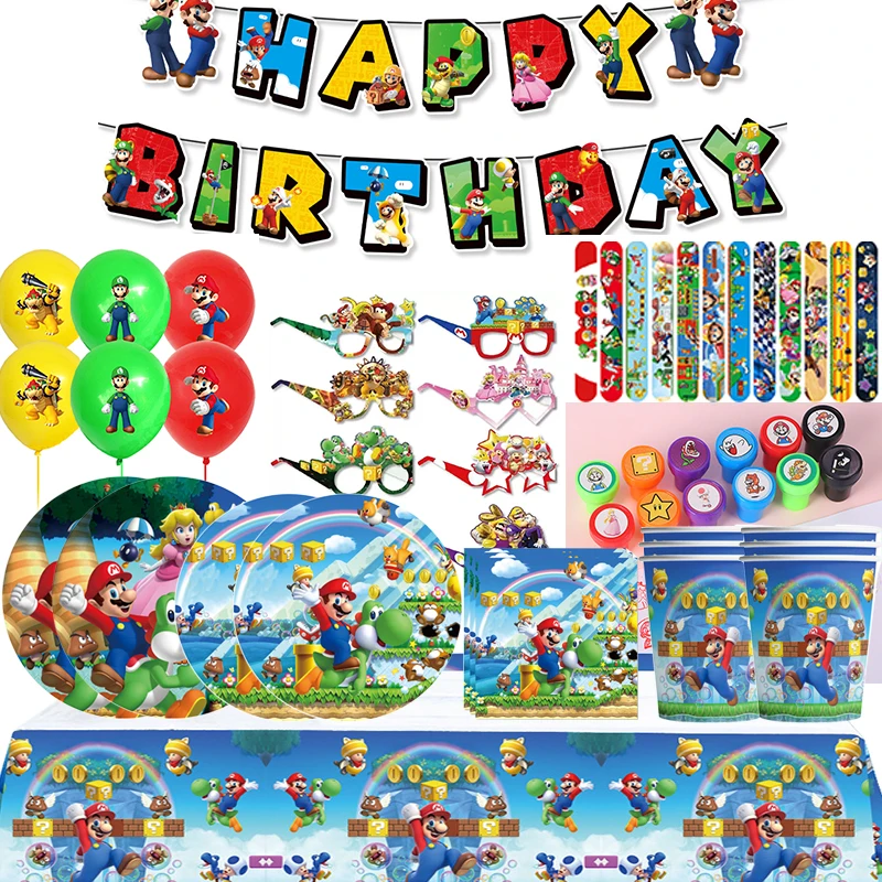Décoration de fête d'anniversaire Super Mario, ensemble de vaisselle jetable en papier, gobelets, assiettes, serviettes, fournitures de fête, porte-clés, bracelet pour sacs