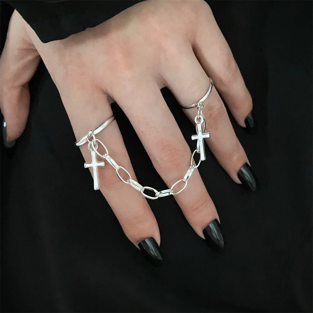 Retro Chain Connected Cross Adjusted Open Ring For Women Punk Gothic Edgy Jewelry Trendy Party Cosplay Accessories Unisex Gift