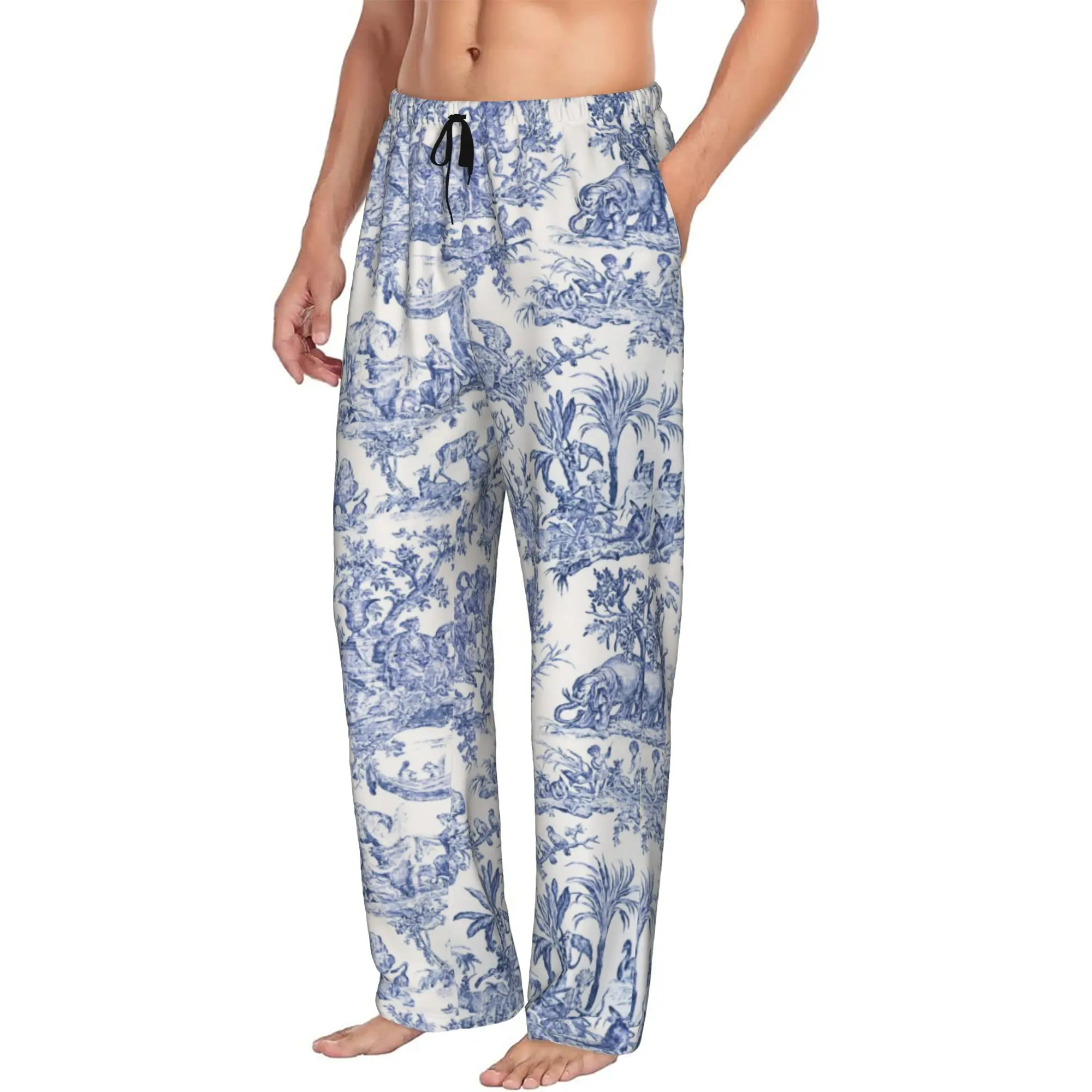 Custom Print Men Navy Blue Toile De Jouy Pajama Pants French Countryside Floral Sleepwear Sleep Lounge Bottoms with Pockets