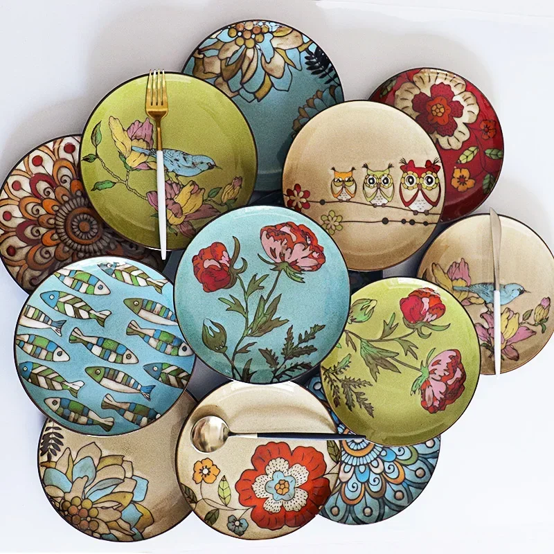 Cubiertos de cerámica pintados a mano para el hogar, plato de bistec plano redondo, platos decorativos artísticos, platos de cena, bandeja de cerámica, retro creativo