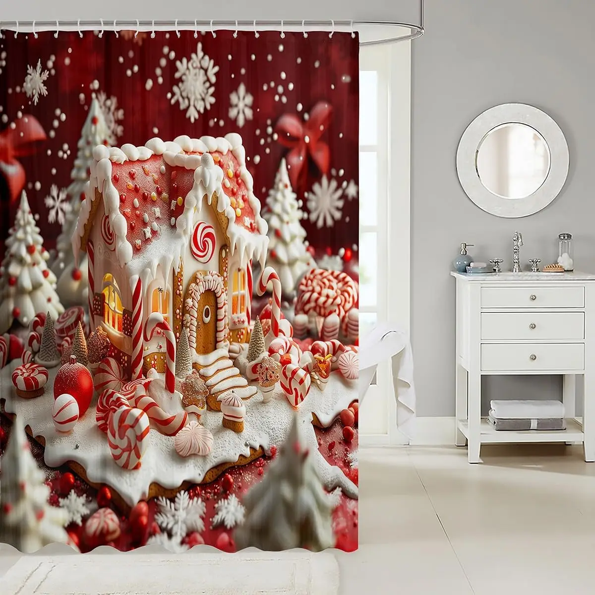 Christmas Gingerbread House Shower Curtain, Candy Cane Winter Village Bath Decor Festive Red Snowflake Art, Waterproof Polyester