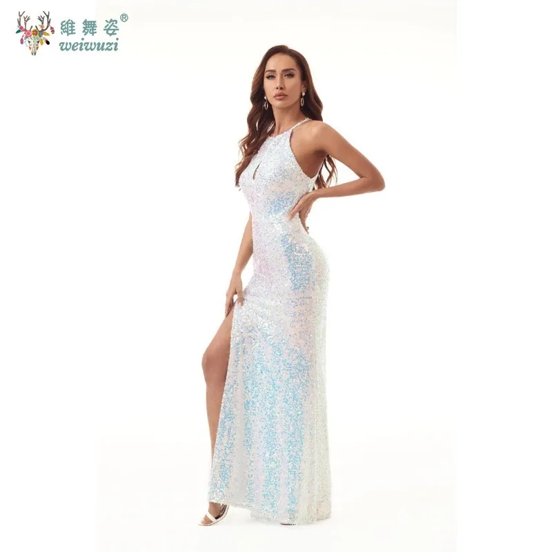 Gaun berongga garpu tinggi payet wanita dewasa seksi antik baru rok ekor ikan elegan Retro gaun panjang pesta malam mewah ramping