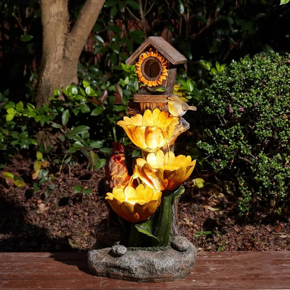 Farmhouse Outdoor Garden Water Fountain with LED Lights and Pump, Rustic Sunflowers Rooster Birdhouse Patio Waterfall Fountain