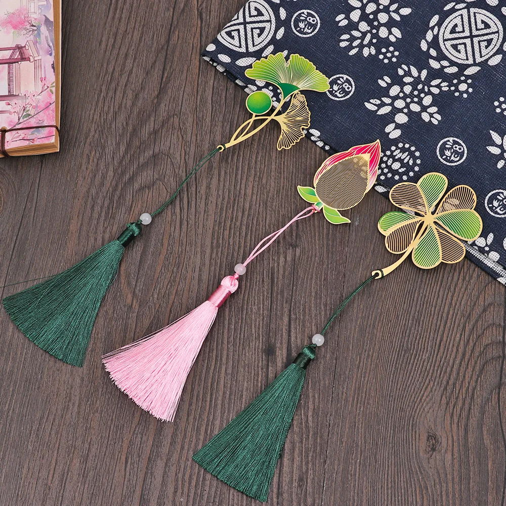 Chinese Style Metal Hollow Painted Bookmark Retro Color Tassel Book Markers School Office Supplies