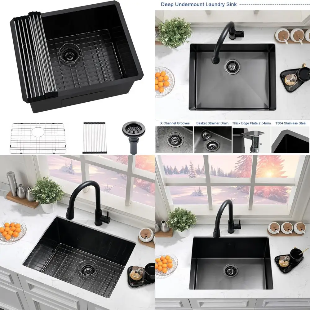 حوض غسيل من الفولاذ المقاوم للصدأ باللون الأسود غير اللامع مقاس 24 × 19 بوصة مع مقياس 16 لغرفة المرافق