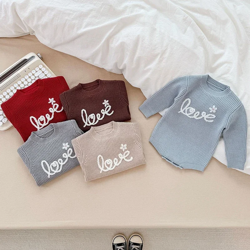 

Autumn Baby Boys Knit Bodysuits Clothes Spring Knit Newborn Girls Handmade Embroidery Outfits One Piece Clothes Infant Jumpsuits