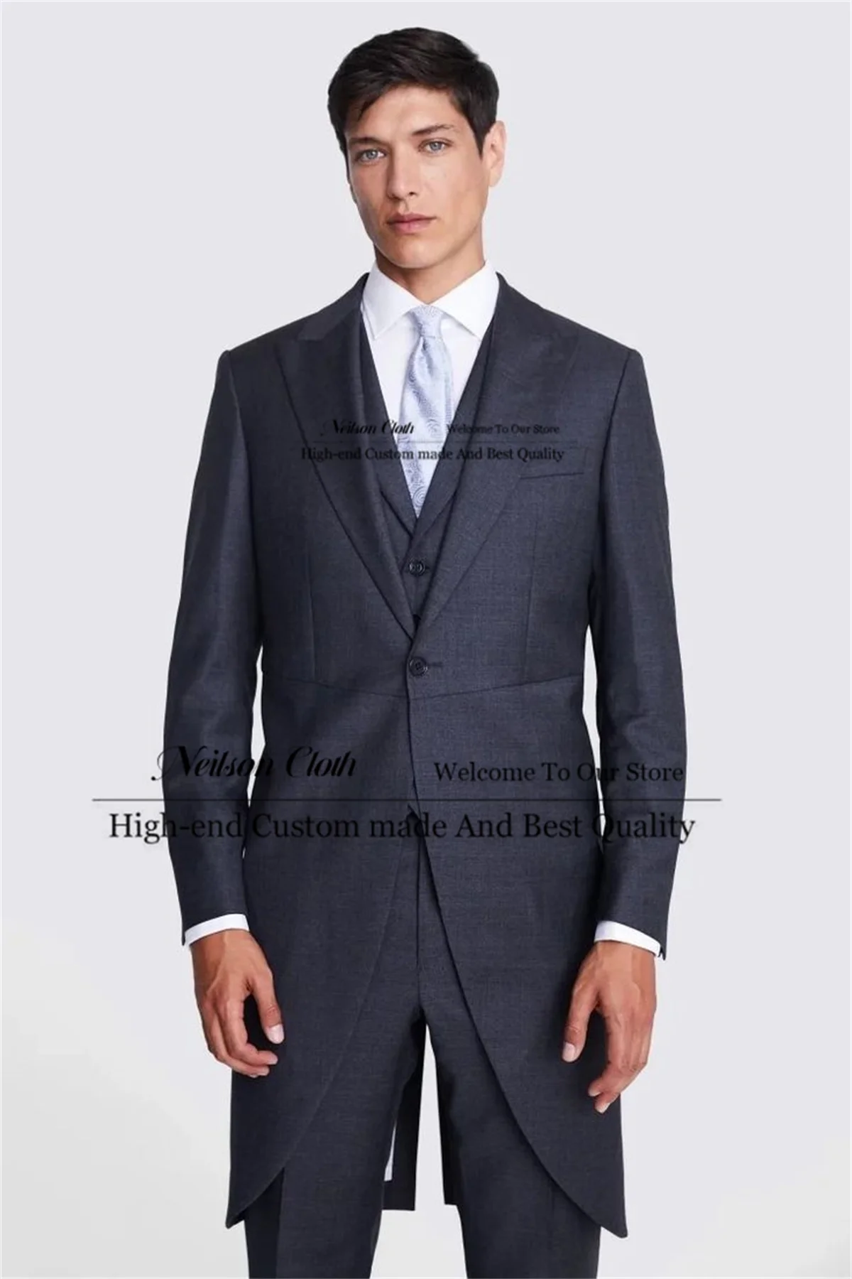 

Dark Blue Male Prom Blazers 3 Pieces Sets Long Coat Groom Wedding Tuxedos For Men Slim Fit Tailcoat One Button Terno Masculino