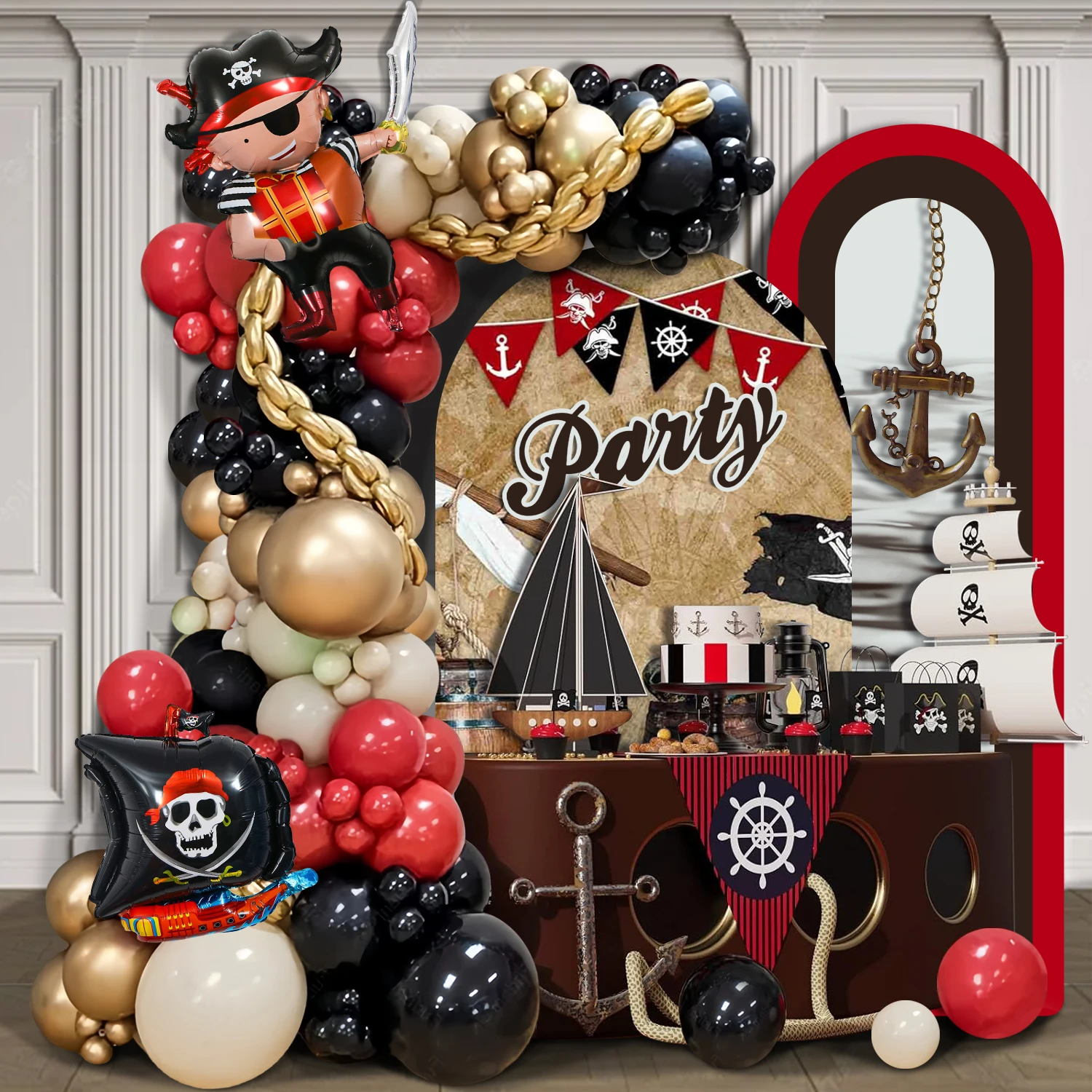 95pcs Pirate-themed Party Balloon Wreath Set, Featuring Red, Black, Gold, Sand and White Balloons Paired with Pirate Ships and P