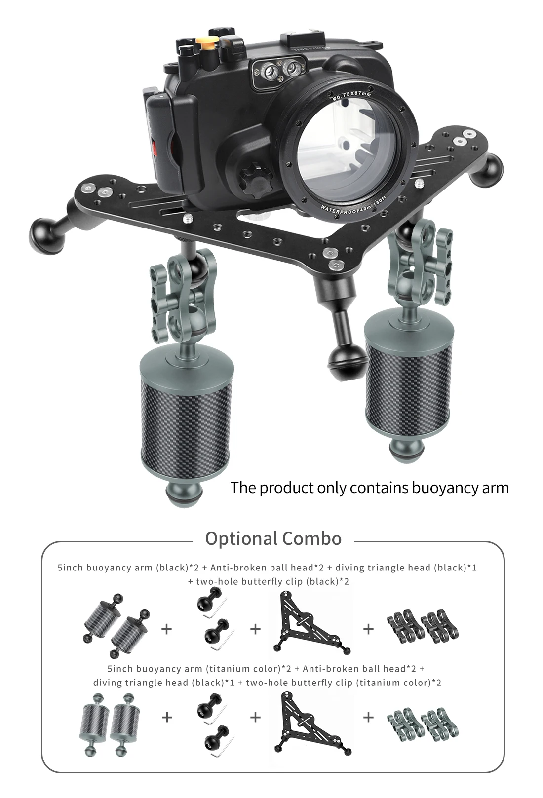 2x Kohle faser Float Auftrieb Wasser arm Doppel kugel halterung 1 Zoll d60mm für Gopro Unterwasser DSLR Kamera Tauch schale Fotografie – Detail 10