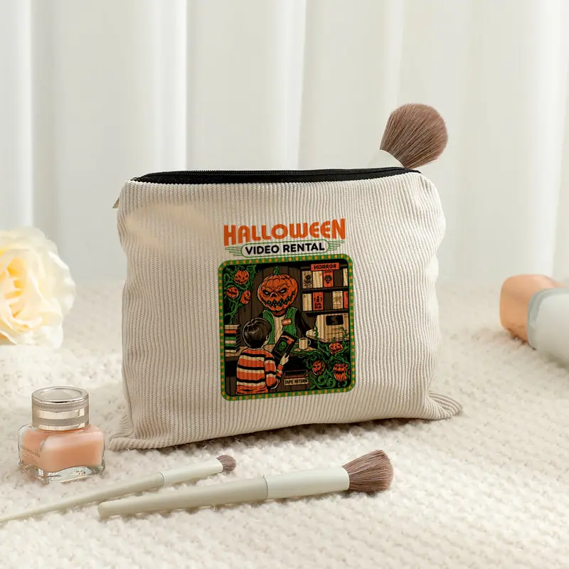 Corduroy Halloween Video Rental Cosmetic Bag Retro Pumpkin Print Zipper Makeup Pouch Travel Storage Purse for Women