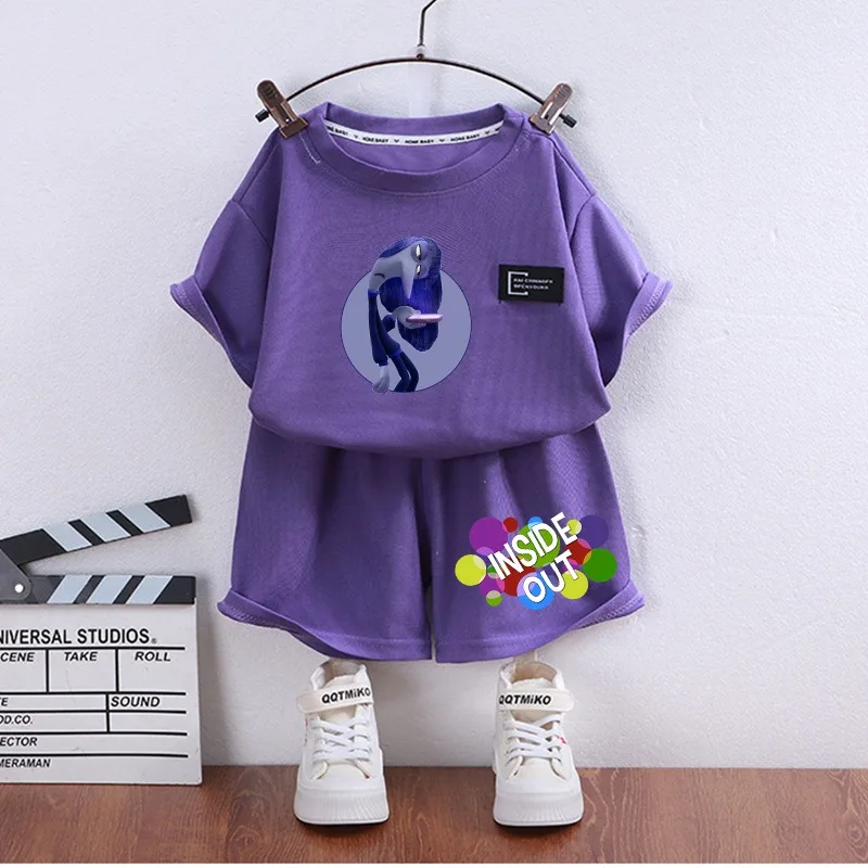 Disney Inside Out Children Clothing Sets Summer T-Shirts Shorts 2pcs Tracksuit Suit Anime Tees Tops Waffle Kids Clothes Outfit