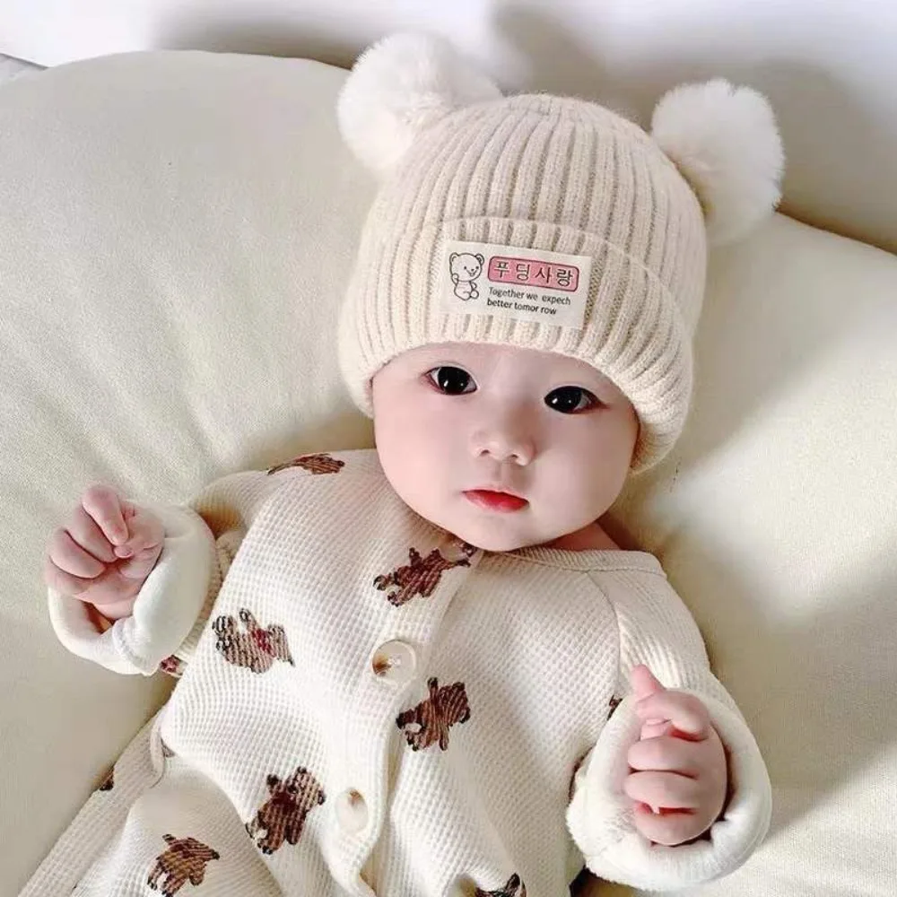 High Quality Solid Color Baby Knitted Hat 0-3 Year Plush Ball Winter Hat Soft Beanie Hats Boys Girls Kids Hats & Caps