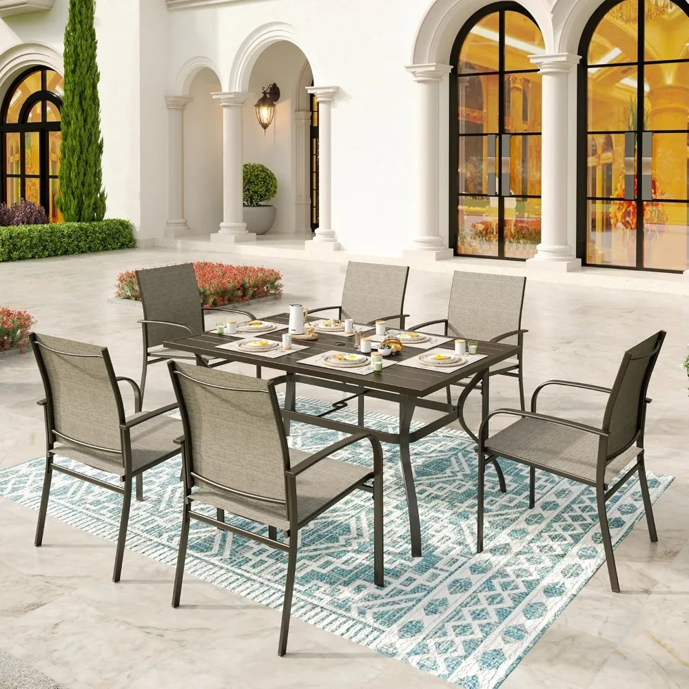 Juego de comedor marrón para exteriores, mesa de comedor Rectangular de acero con orificio para sombrilla, conjunto de restaurante para patio al aire libre, 6 piezas