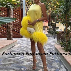 Elegant Short Cocktail Dress One Shoulder Long Sleeves Feather Formal Occasion Gown Custom Size Vestidos Para Eventos Especiales