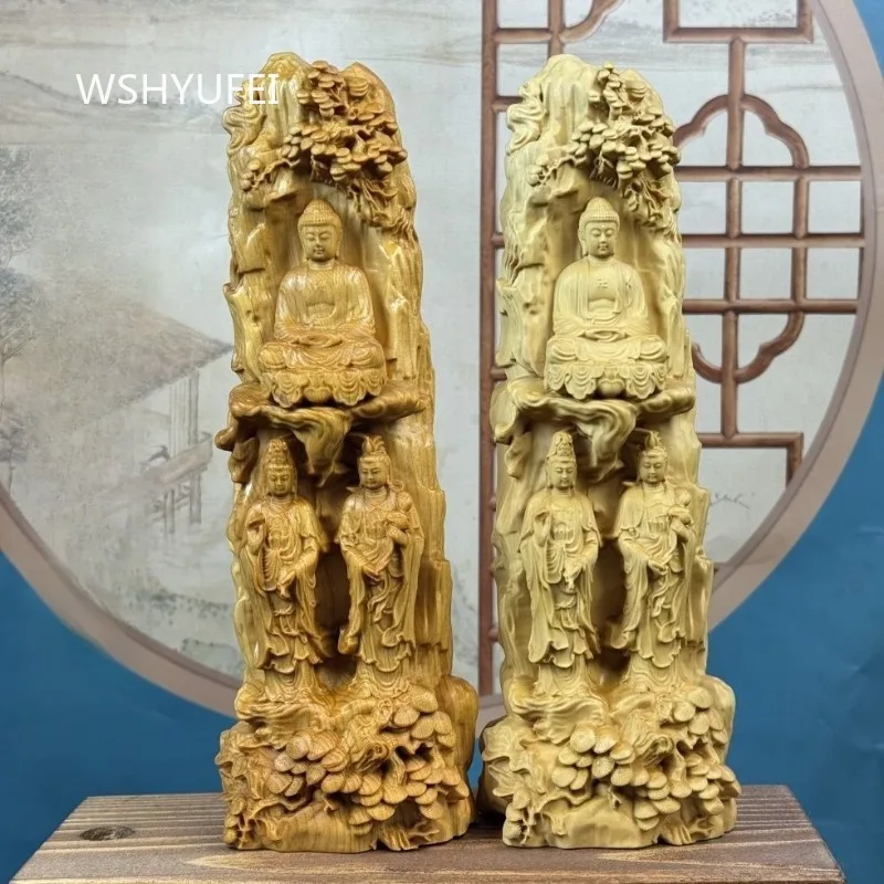 Boxwood Carved Western Three Saints Statue Buddha Guanyin Sculpture Pine Mountain Landscape Wood Carving Home Worship Ornament