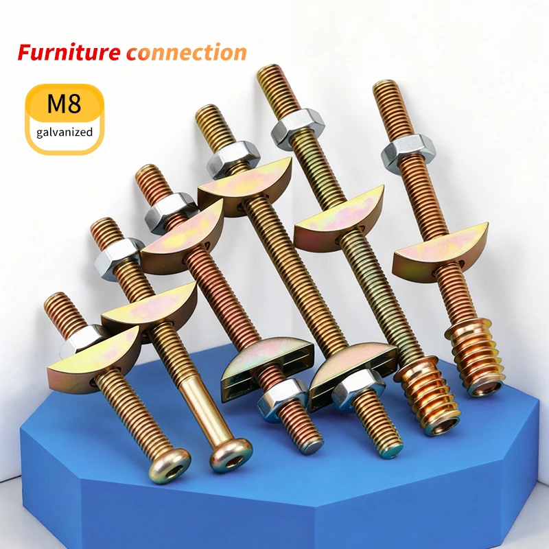 M8 Type A Furniture Connector 3 in 1 Fitting, Carbon Steel Alloy Screw Nut Kit for Kids Bed Cabinet Household Hardware