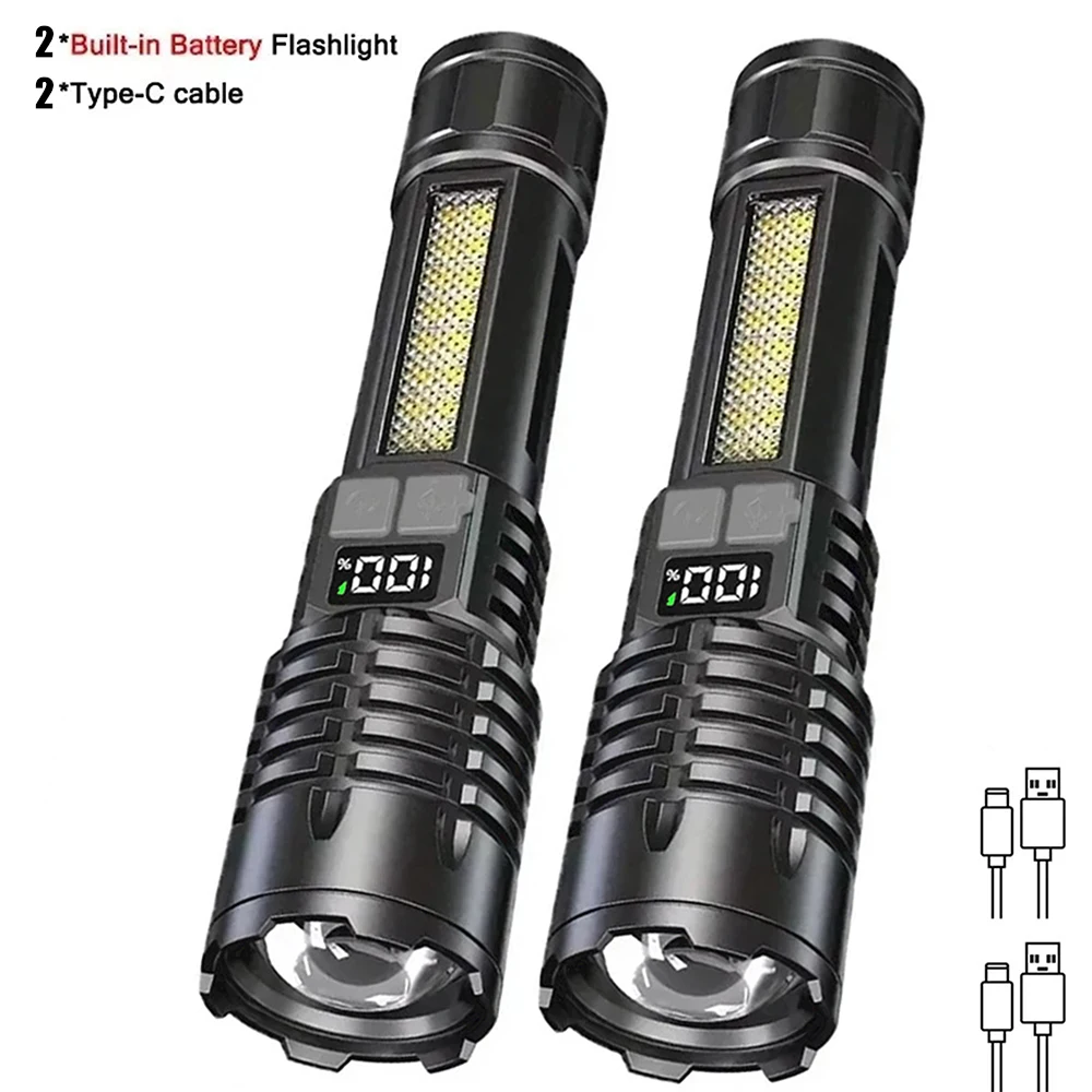NONE Hochleistungs-LED-Taschenlampe, wiederaufladbar, Typ C, wasserdicht, mit COB-Seitenlicht, Zoom, tragbare Camping- und Wanderlampe 3
