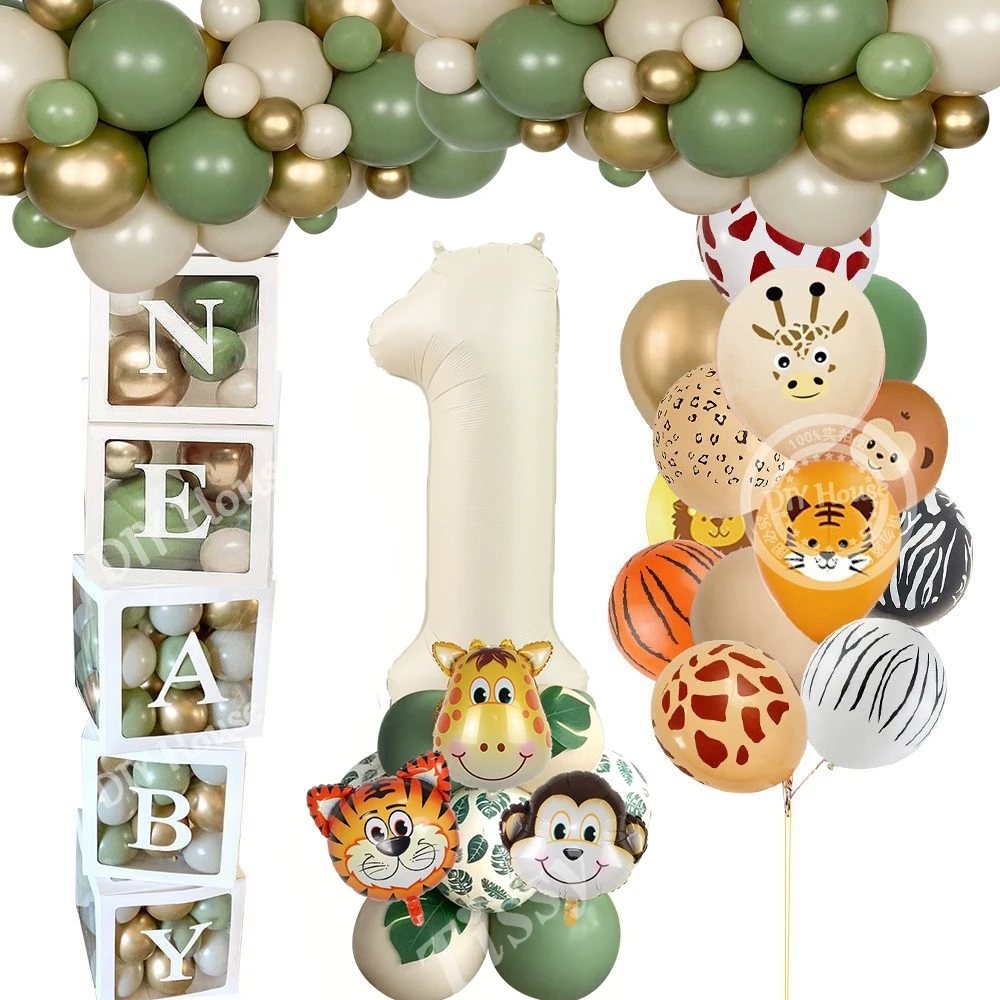 1set Wild Animal Balloon Tower Carton Jungle Safari Balloons for Boy's Forest Happy Birthday Party Decoration DIY Party Supplies