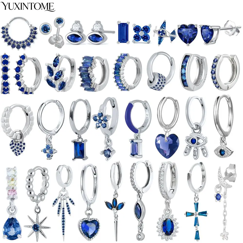 

925 Sterling Silver Needle Luxury Blue Zircon Hoop Earrings for Women Heart/Evil Eye/Star Charms Earrings Anniversary Jewelry