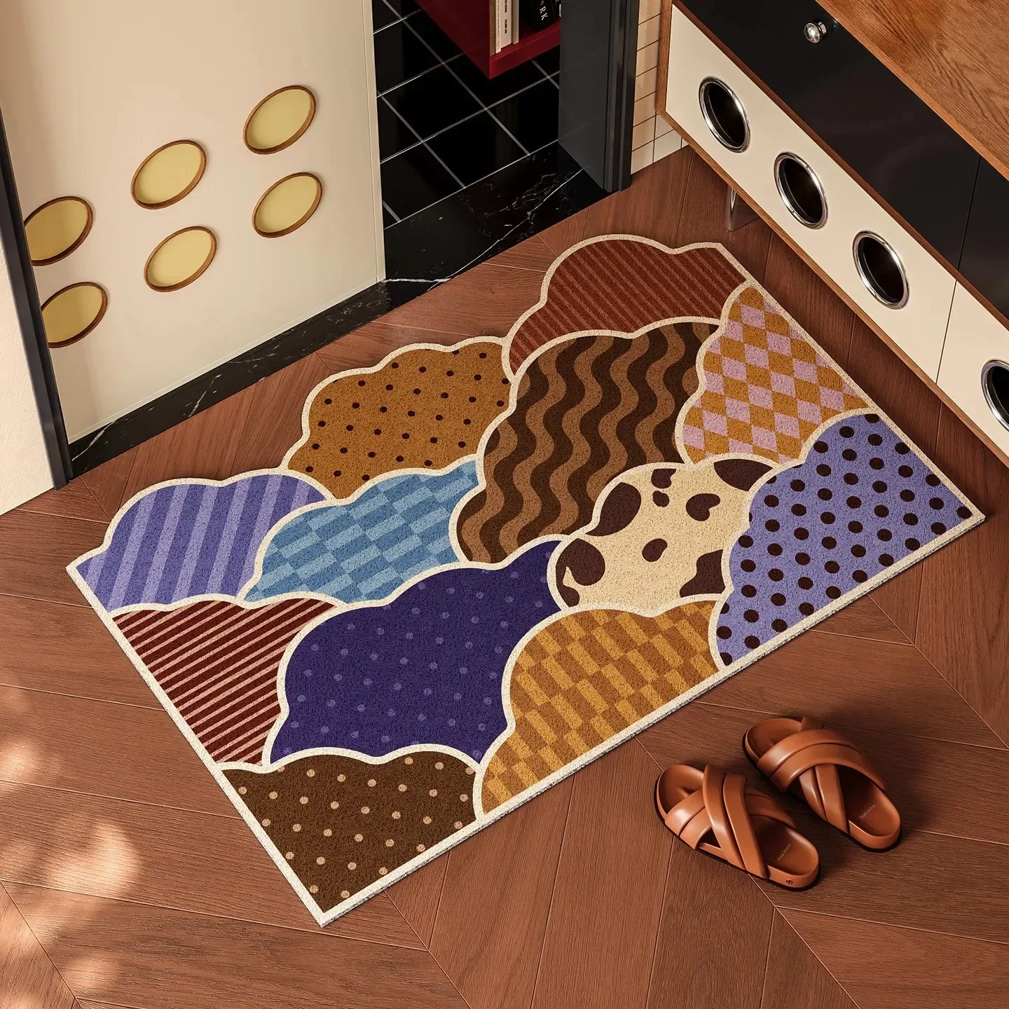 Color Block Geometric Silk Ring Doormat Cuttable Non Slip Entrance Door Mat Waterproof Dirt Trapping Front Entry Floor Rug