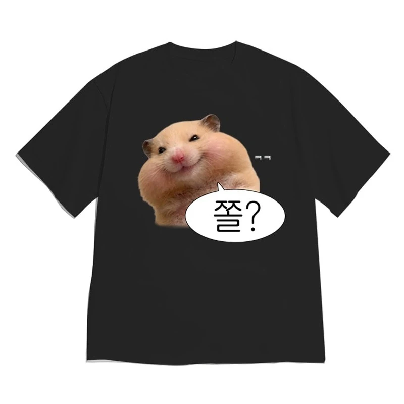 Women Korean Streetwear T-Shirt Cute Fluffy Hamster Meme Hangul Text Graphic Loose Cotton Y2k Casual Short Sleeve Daily Tops