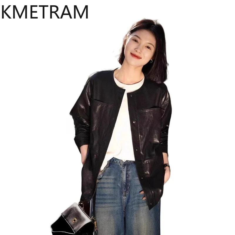 

KMETRAM Genuine Sheepskin Leather Jacket Woman Fashion Mid-Length Coat O-Neck Real Leather Jackets Woman Clothing 2026 chaqueta
