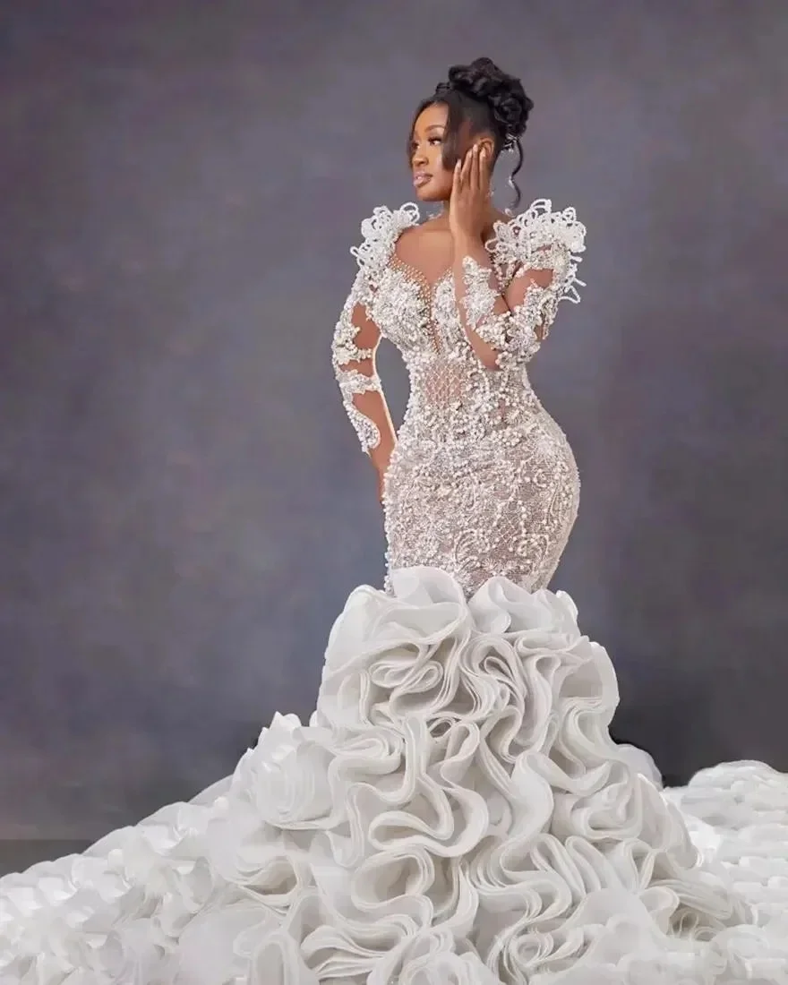 Vestidos de Casamento Sul-Africanos em Renda para Meninas Negras, Vestido de Noiva Sereia com Mangas Longas e Detalhes em Pedraria, Personalizado