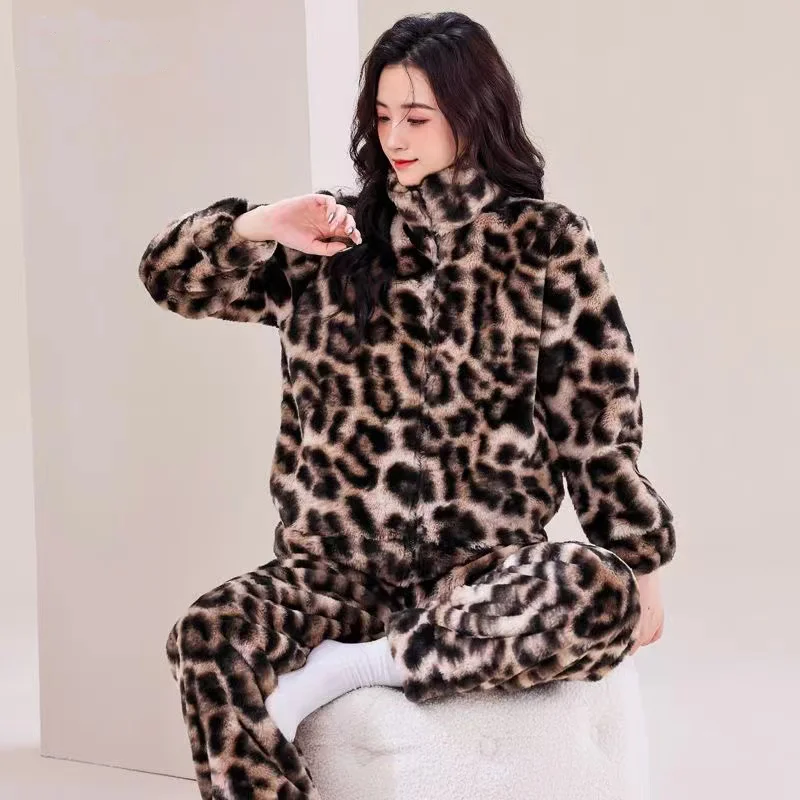 Autumn Winter Pajama Sets For Women Leopard Print Pyjamas 2 Pieces /Sets Long Sleeve Sleepwear Homewear Casual Pijamas image 4